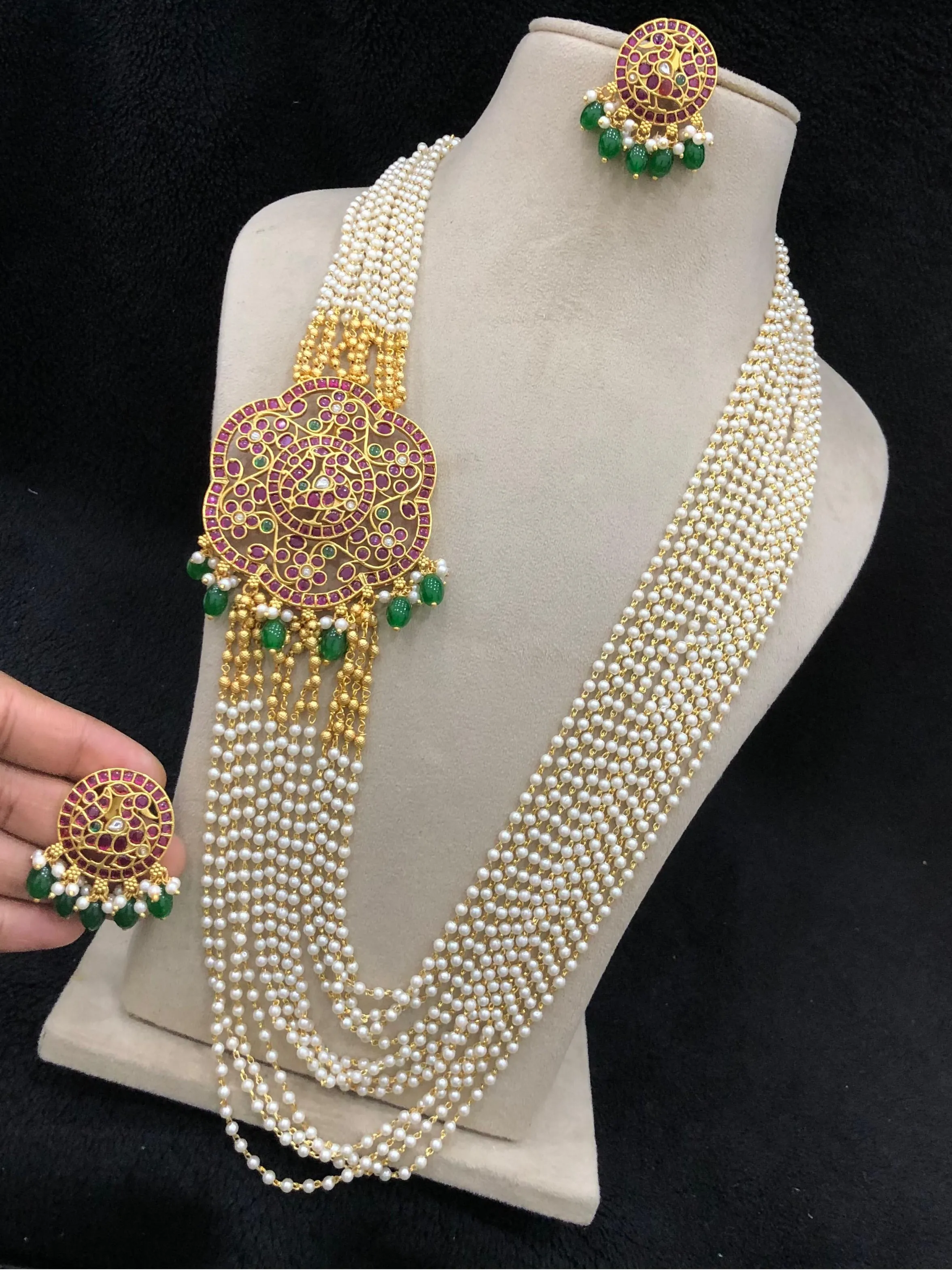 Kemp Stone Pearl Beads Side Mugappu Long Haram